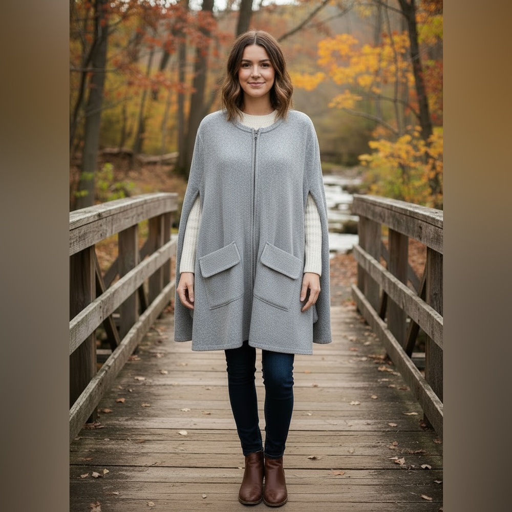 Anthropologie Saturday Sunday Cape Whimbrel fleece LARGE gray poncho zip front